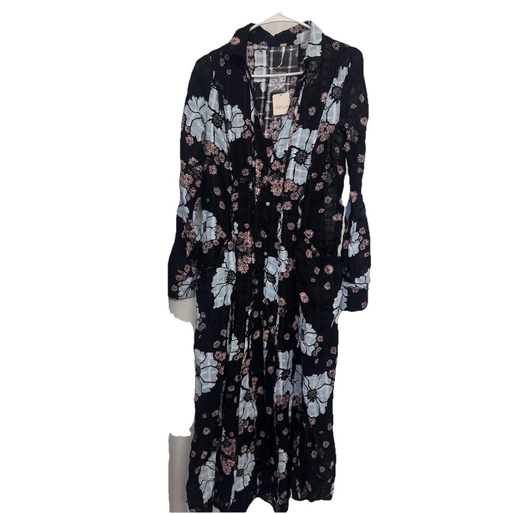 $198 NWOT Free People Back At It Maxi Black Floral Dress Boho Peasant ~ XS